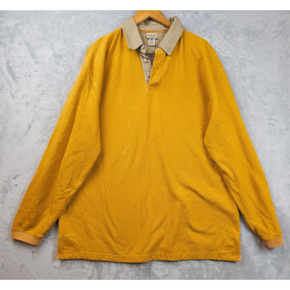 LL Bean Rugby Double Knit Polo Mens XXL Tall Long Sleeve Brown Twill Collar